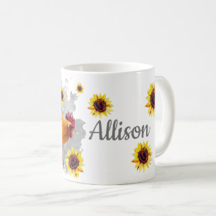 Rooster with Sunflowers Personalized Watercolor Co Coffee Mug
