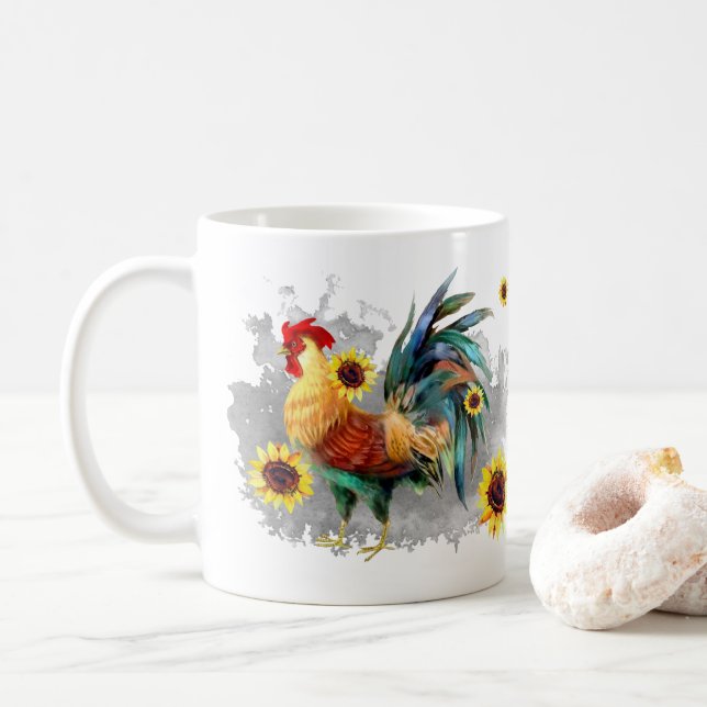 Rooster with Sunflowers Personalized Watercolor Coffee Mug (With Donut)