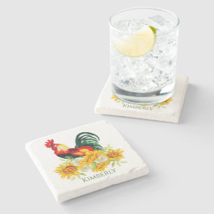 Rooster with Sunflowers Stone Coaster