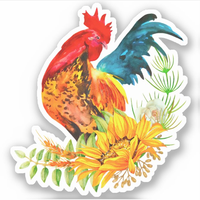 Rooster with Sunflowers Vinyl Sticker (Front)