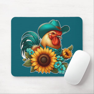 Rooster With Teal Hat and Sunflowers  Mouse Pad