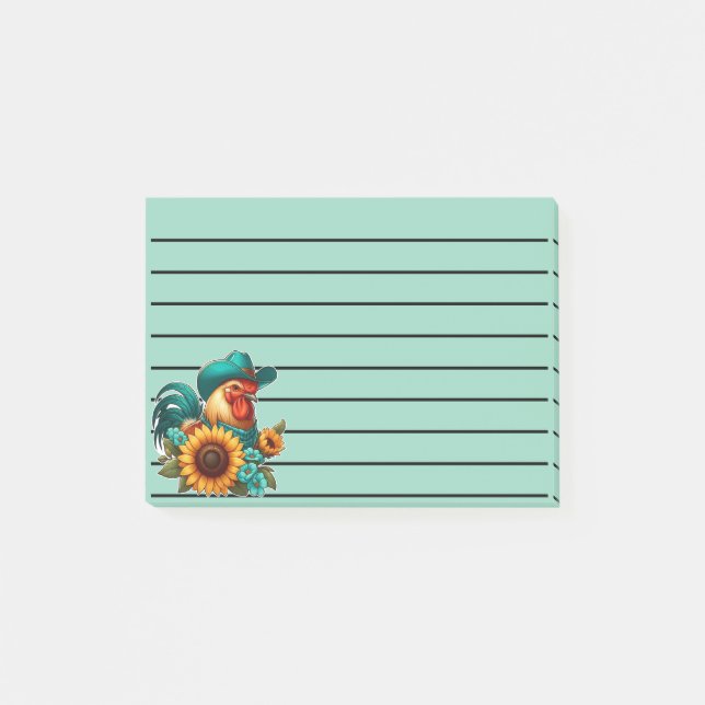 Rooster With Teal Hat and Sunflowers Post-it Notes (Front)