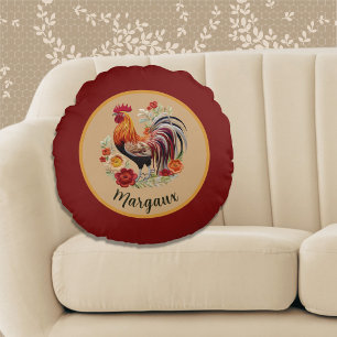 Rooster with Vivid Feathers n Roses Farmhouse Red Round Pillow