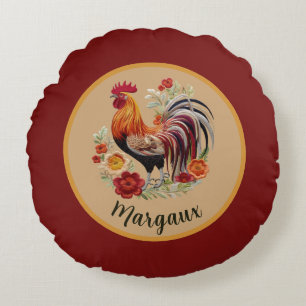 Rooster with Vivid Feathers n Roses Farmhouse Red Round Pillow