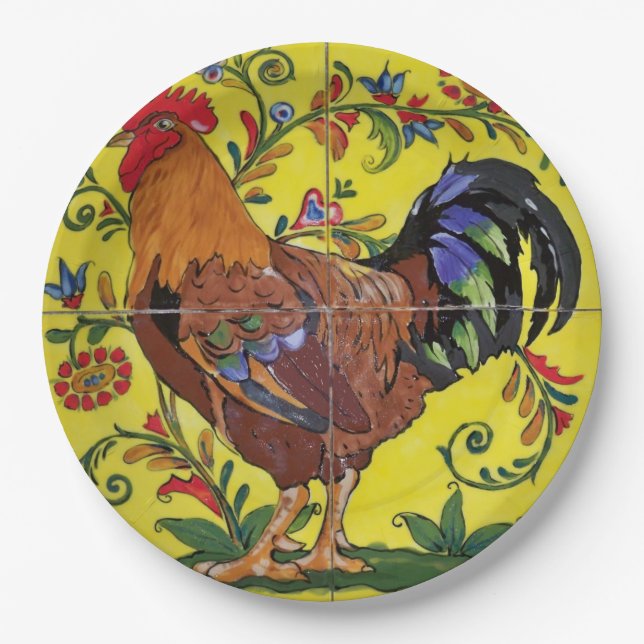 Rooster Yellow  Floral Tile Folk Art Country Paper Plates (Front)
