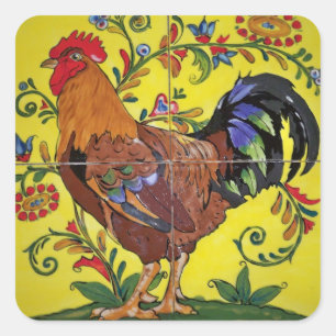 Rooster Yellow Floral Tile Folk Art Country Square Sticker