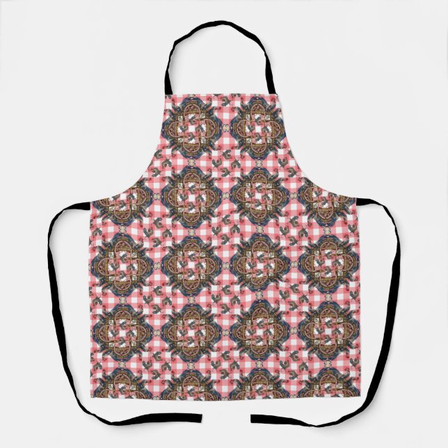 Roosters and Chickens Red Gingham Apron (Front)