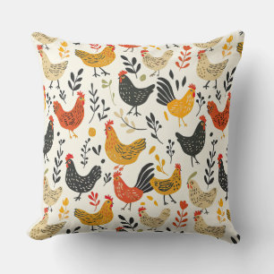 Roosters and Chickens Simple Illustration Print Throw Pillow