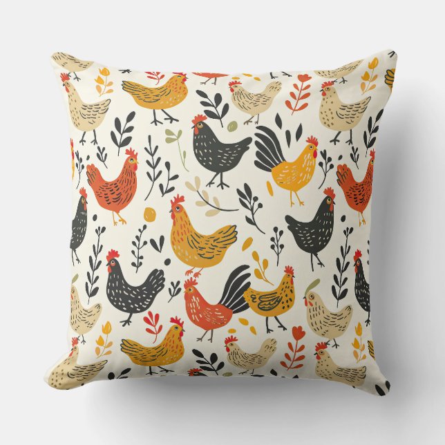 Roosters and Chickens Simple Illustration Print Throw Pillow (Front)