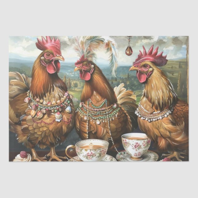 Roosters and Chicks Tea Party Decoupage Tissue Paper (Front)