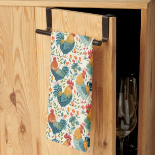 Roosters and Flowers Kitchen Towel