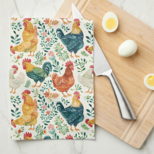 Roosters and Flowers Kitchen Towel
