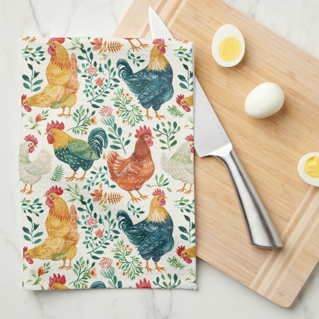 Roosters and Flowers Kitchen Towel (Quarter Fold)