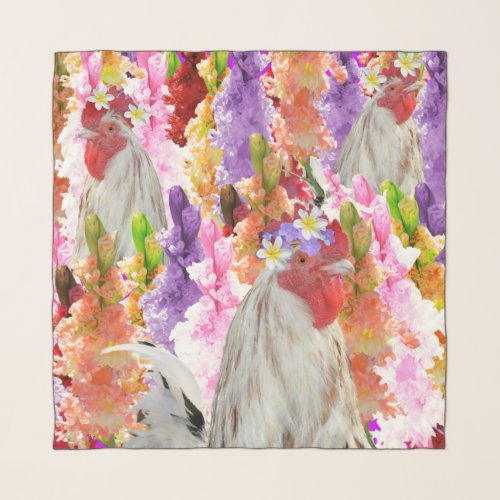 Roosters And Hollyhock Flowers Scarf