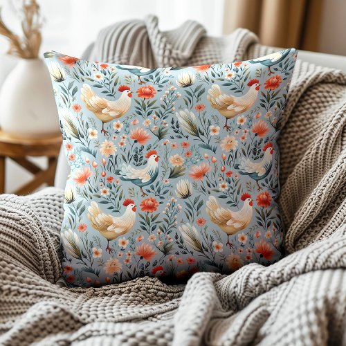 Roosters Chickens Dusty Blue Farmhouse  Throw Pillow