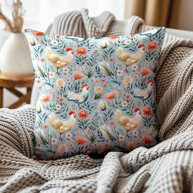 Roosters Chickens Dusty Blue Farmhouse  Throw Pillow (Blue and white rooster pattern decorator pillow)