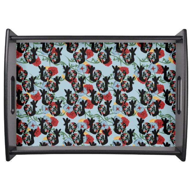Roosters Folk Floral Mexican Pattern Black Serving Tray (Front)