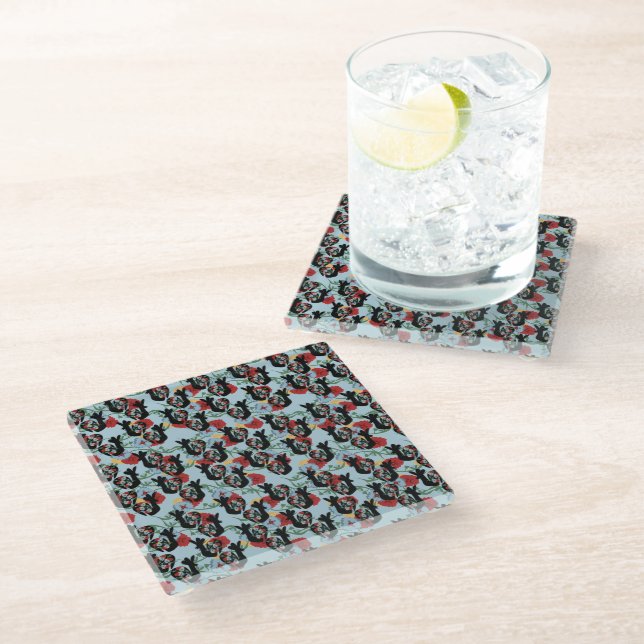 Roosters Folk Floral Mexican Pattern Glass Coaster (Angled)