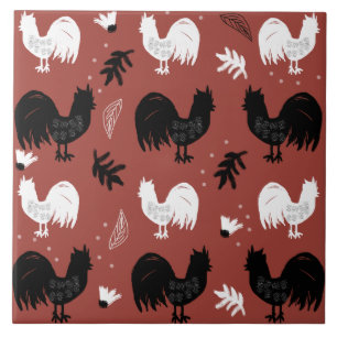 Roosters Hand Drawn Floral Farm Pattern Ceramic Tile