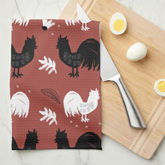 Roosters Hand Drawn Floral Farm Pattern Kitchen Towel (Quarter Fold)