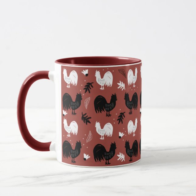 Roosters Hand Drawn Floral Farm Pattern Mug (Left)