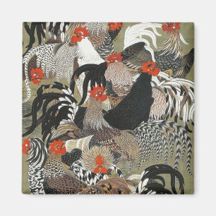 Roosters Hen Illustration by Ito Jakuchu Magnet