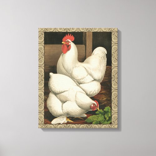 Roosters  Hen outside Hen House with White Border Canvas Print