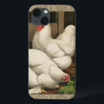 Roosters & Hen outside Hen House with White Border iPhone 13 Case<br><div class="desc">A rustic art print displaying a vigorous rooster and a hen in a hen house. The darc ecru border is pattern consists of spiral elements. This print would be a gread addition to a rural country home decoration.</div>