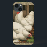 Roosters & Hen outside Hen House with White Border iPhone 13 Case<br><div class="desc">A rustic art print displaying a vigorous rooster and a hen in a hen house. The darc ecru border is pattern consists of spiral elements. This print would be a gread addition to a rural country home decoration.</div>