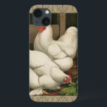Roosters & Hen outside Hen House with White Border iPhone 13 Case<br><div class="desc">A rustic art print displaying a vigorous rooster and a hen in a hen house. The darc ecru border is pattern consists of spiral elements. This print would be a gread addition to a rural country home decoration.</div>