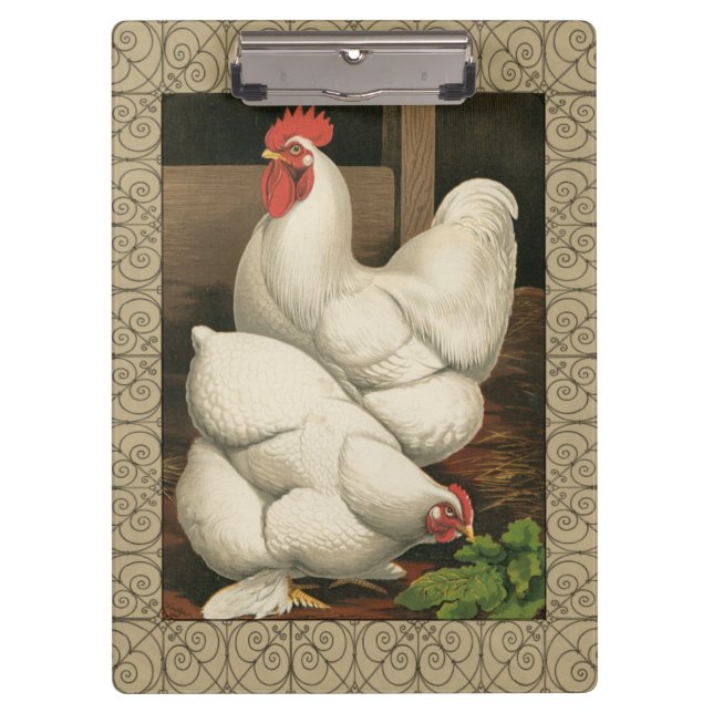 Roosters & Hen outside Hen House with White Border Clipboard (Front)