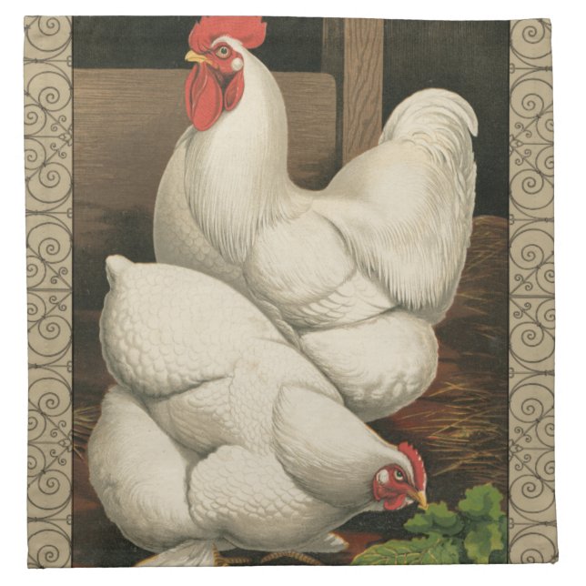 Roosters & Hen outside Hen House with White Border Cloth Napkin (Front)