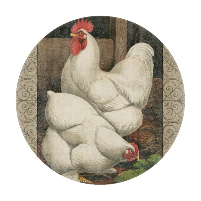 Roosters & Hen outside Hen House with White Border Cutting Board (Front)