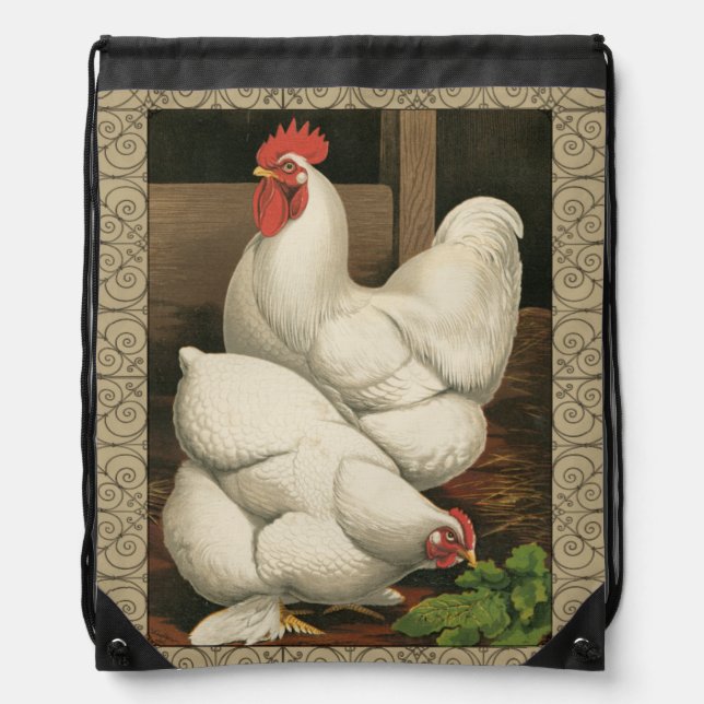 Roosters & Hen outside Hen House with White Border Drawstring Bag (Front)