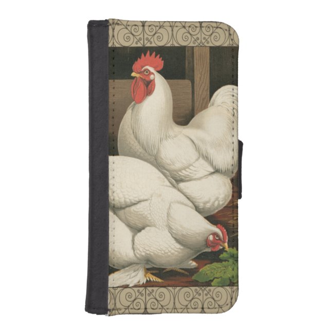 Roosters & Hen outside Hen House with White Border iPhone Wallet Case (Front)