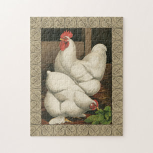 Roosters & Hen outside Hen House with White Border Jigsaw Puzzle