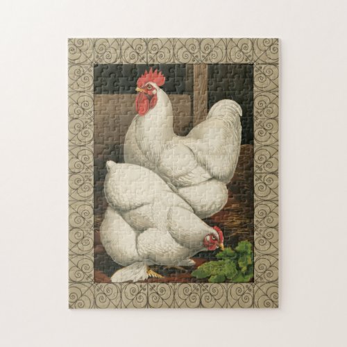 Roosters  Hen outside Hen House with White Border Jigsaw Puzzle