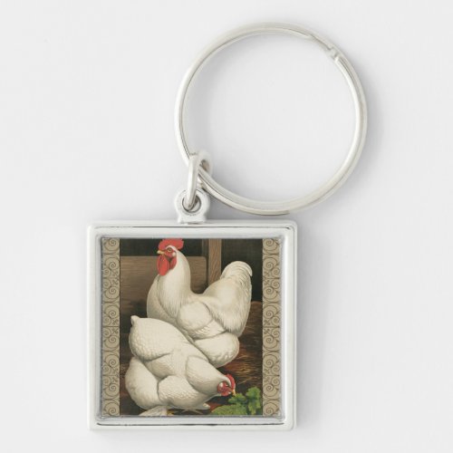 Roosters  Hen outside Hen House with White Border Keychain