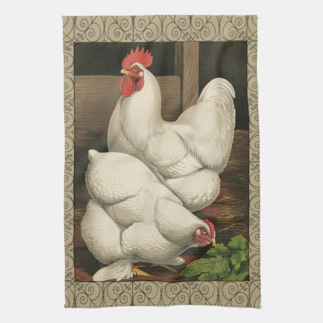 Roosters & Hen outside Hen House with White Border Kitchen Towel (Vertical)