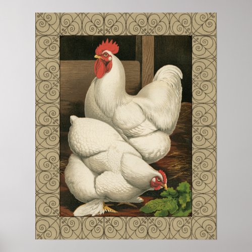 Roosters  Hen outside Hen House with White Border Poster