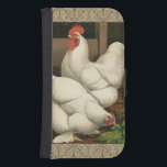 Roosters & Hen outside Hen House with White Border Galaxy S4 Wallet Case<br><div class="desc">A rustic art print displaying a vigorous rooster and a hen in a hen house. The darc ecru border is pattern consists of spiral elements. This print would be a gread addition to a rural country home decoration.</div>