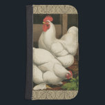 Roosters & Hen outside Hen House with White Border Galaxy S4 Wallet Case<br><div class="desc">A rustic art print displaying a vigorous rooster and a hen in a hen house. The darc ecru border is pattern consists of spiral elements. This print would be a gread addition to a rural country home decoration.</div>