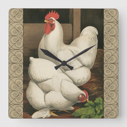 Roosters  Hen outside Hen House with White Border Square Wall Clock