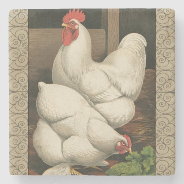 Roosters & Hen outside Hen House with White Border Stone Coaster (Front)