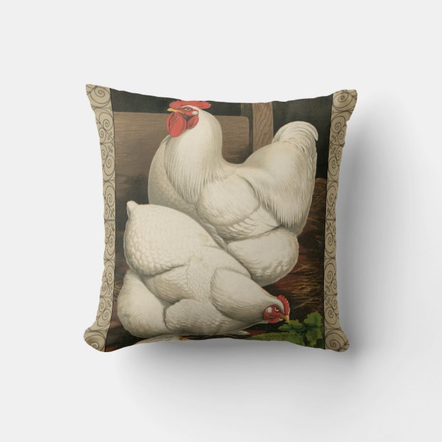 Roosters & Hen outside Hen House with White Border Throw Pillow (Front)