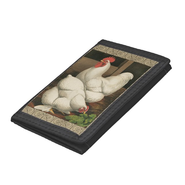 Roosters & Hen outside Hen House with White Border Tri-fold Wallet (Bottom)