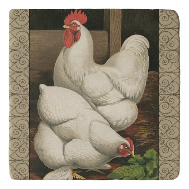 Roosters & Hen outside Hen House with White Border Trivet (Front)