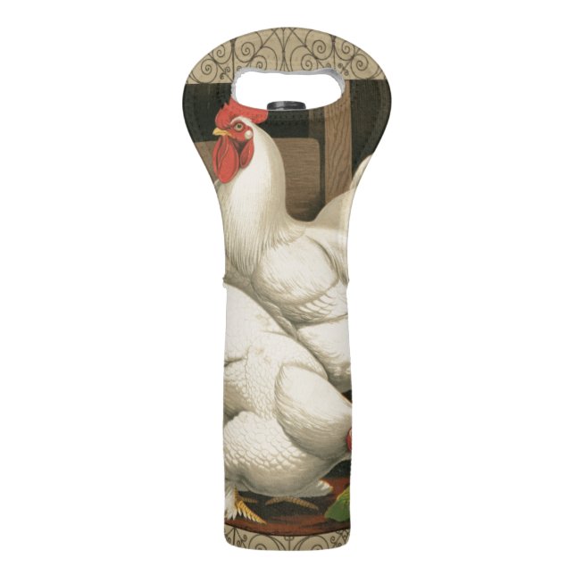 Roosters & Hen outside Hen House with White Border Wine Bag (Back)