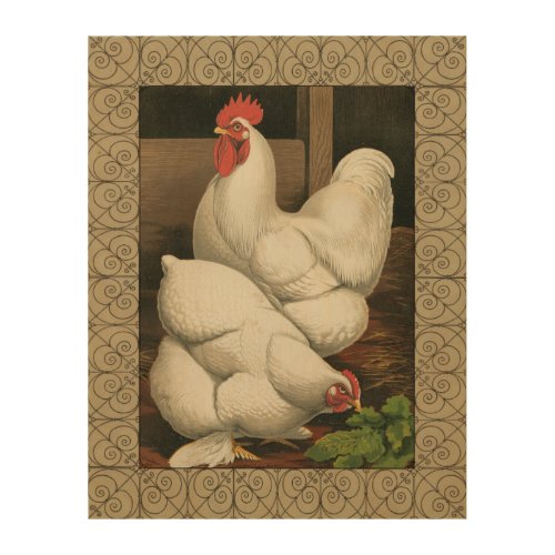 Roosters  Hen outside Hen House with White Border Wood Wall Decor