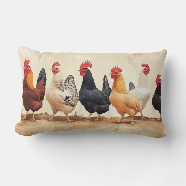 Roosters in a row lumbar pillow (Front)